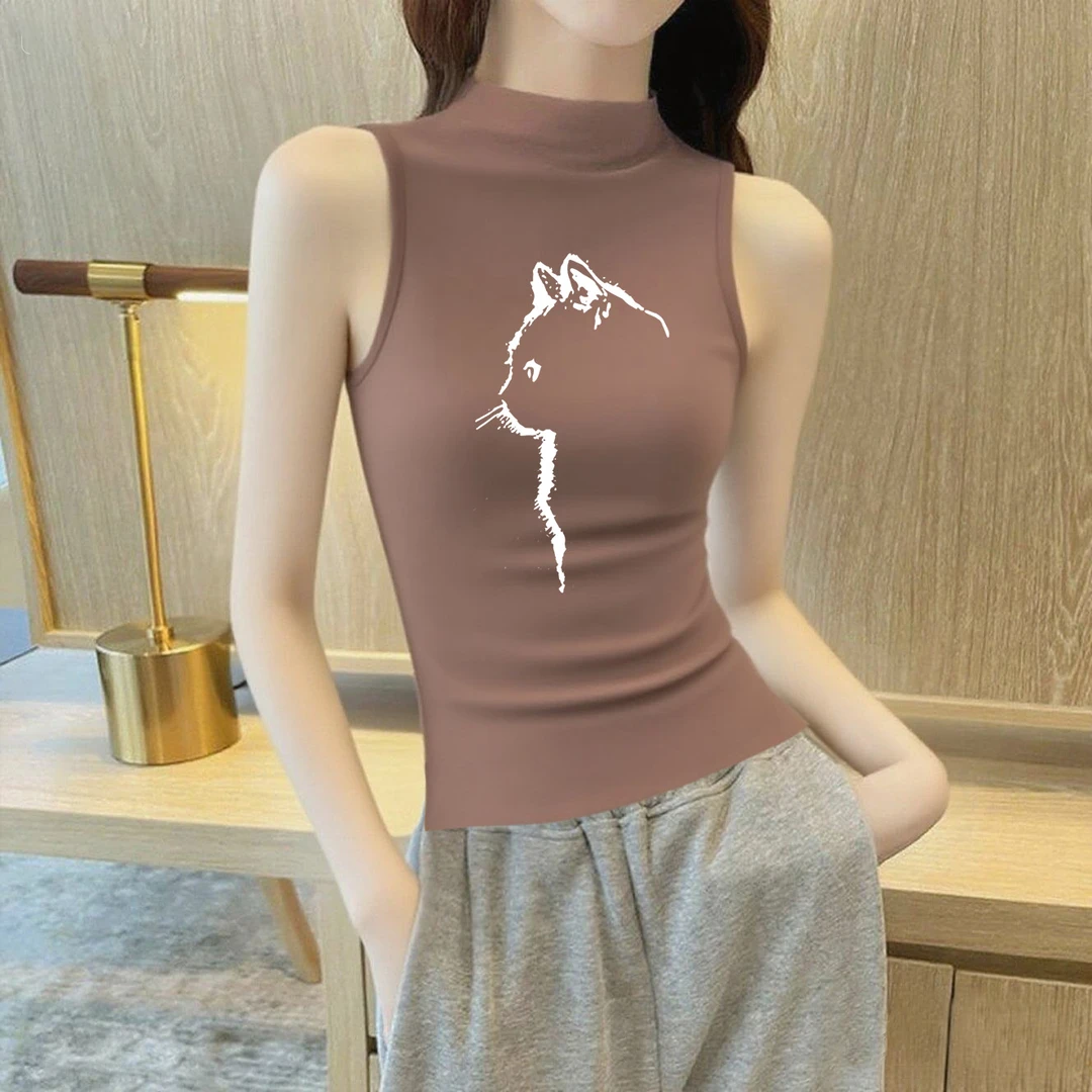 咖色莫代尔无袖背心夏季新款高档半高领猫咪印花上衣女网红时尚潮
