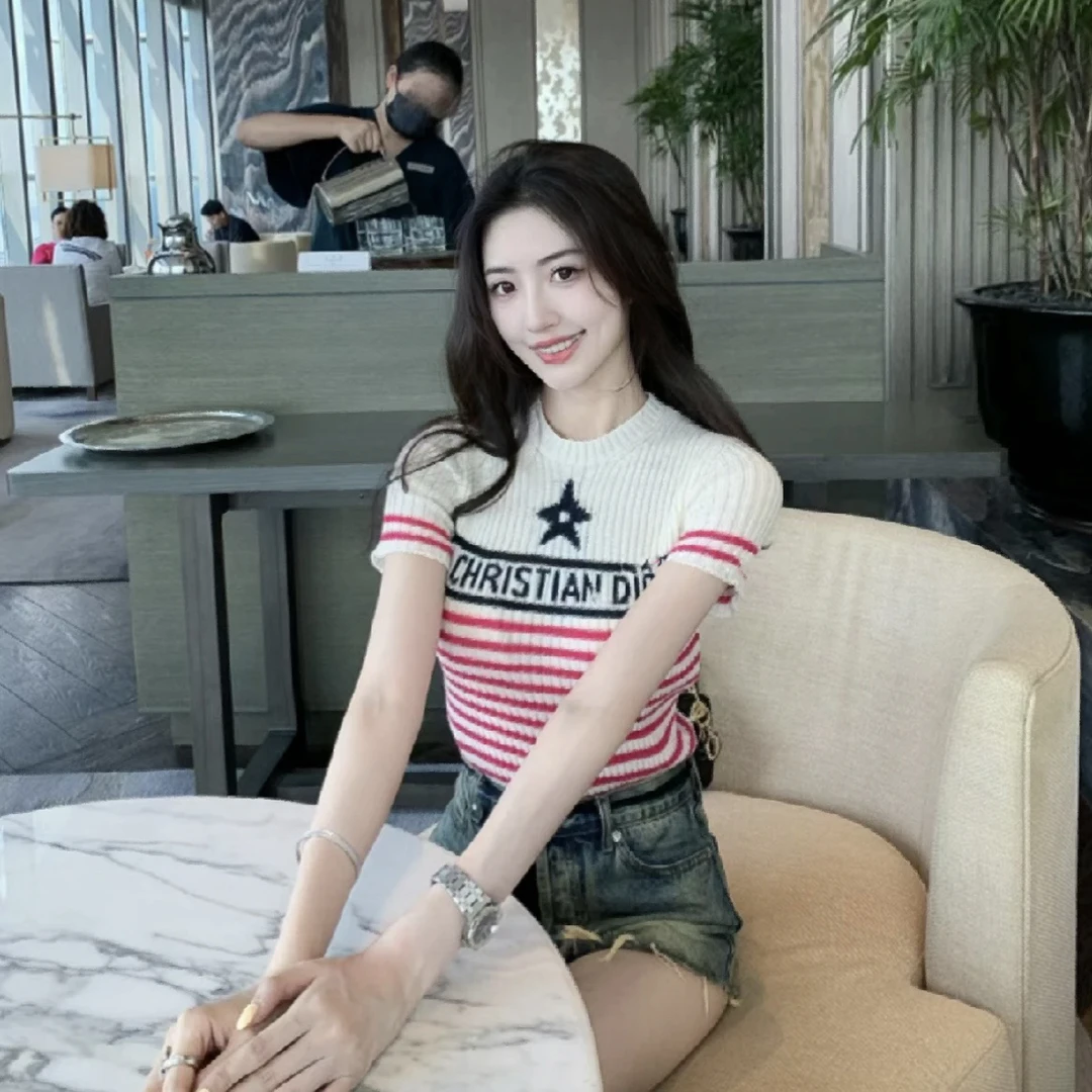 99新 DIOR/迪奥 ss154/幸运星白粉条纹针织短袖 36码 棉