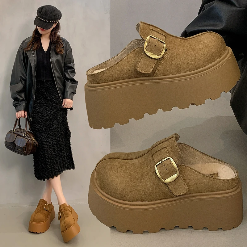 7CM 增高包头拖鞋女外穿2025秋冬款小个子厚底时尚加绒毛毛勃肯鞋