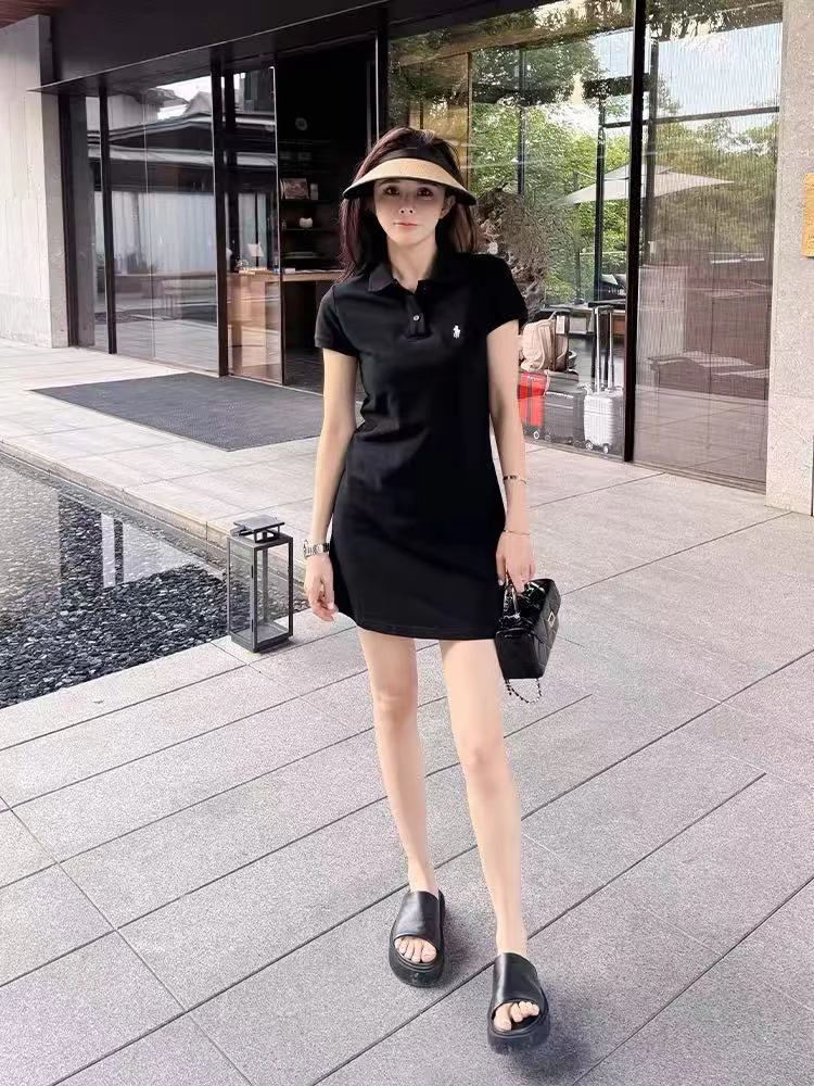 POLO裙通勤春季短袖刺绣连衣裙夏季显瘦百搭翻领收腰女装时尚