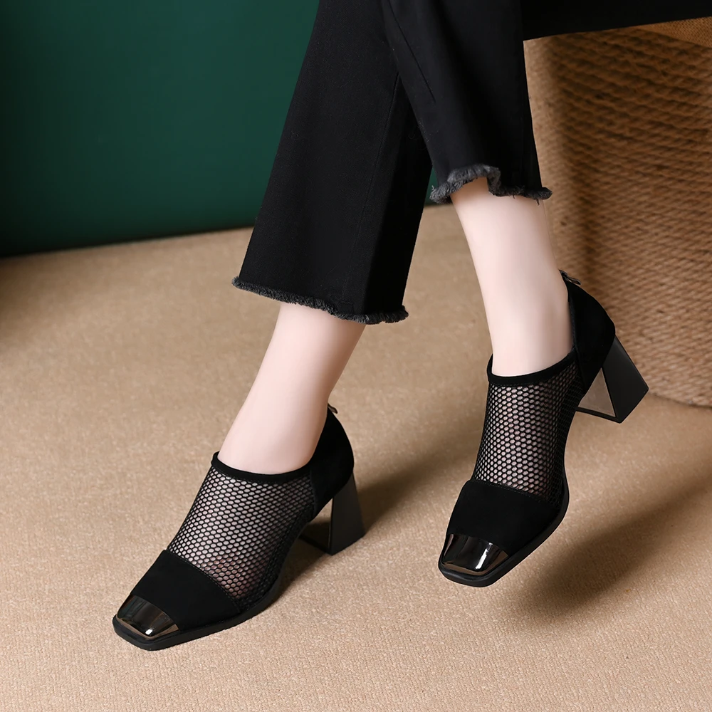 真皮羊皮网鞋女2025春夏新款镂空透气铁包头欧美风方头粗跟黑色
