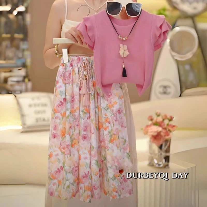 女童飞袖阔腿裤套装2025夏季中大童花边袖T恤碎花速干薄款防蚊裤9