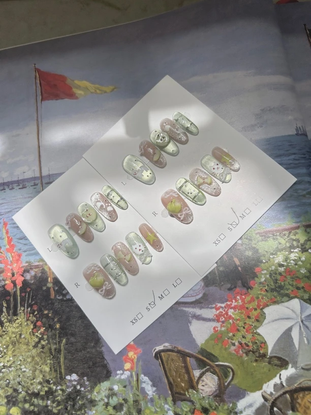 【青苹果猫咪】绿色清新纯手工可拆卸穿戴美甲贴片