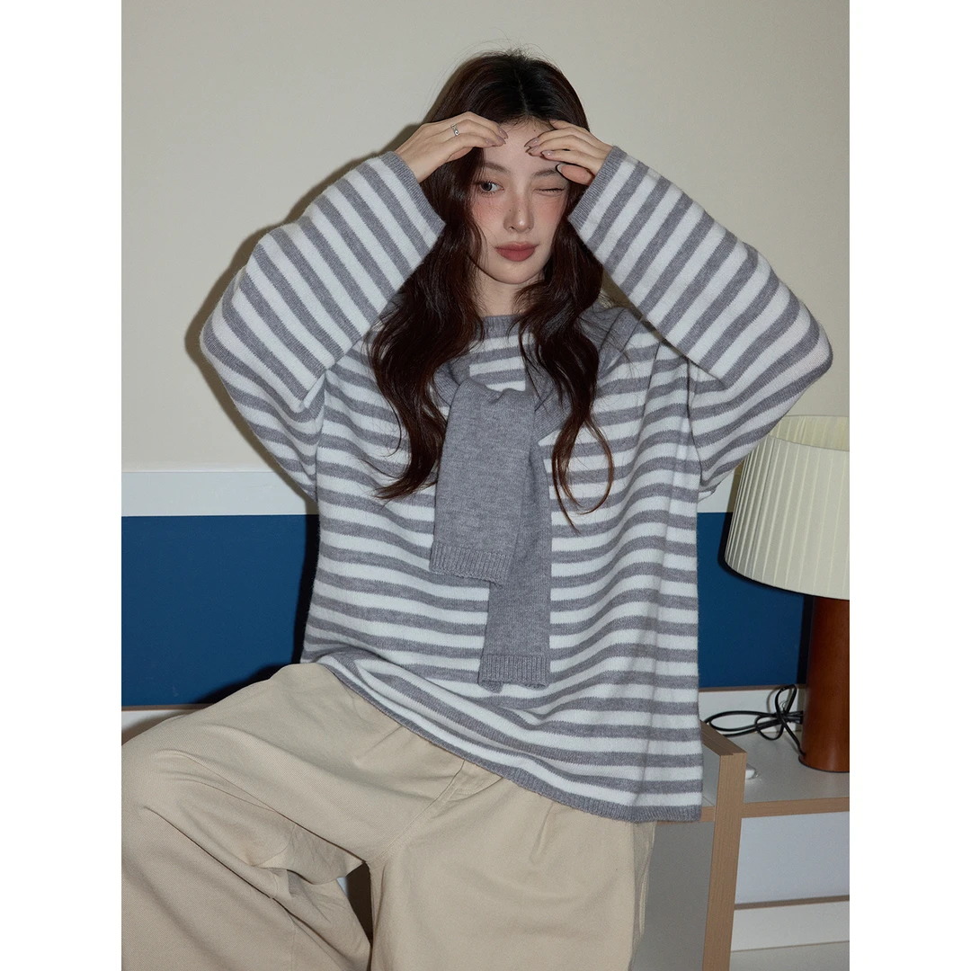 【吵吵家】韩系灰色条纹毛衣女2025秋慵懒长袖针织上衣披肩两件套