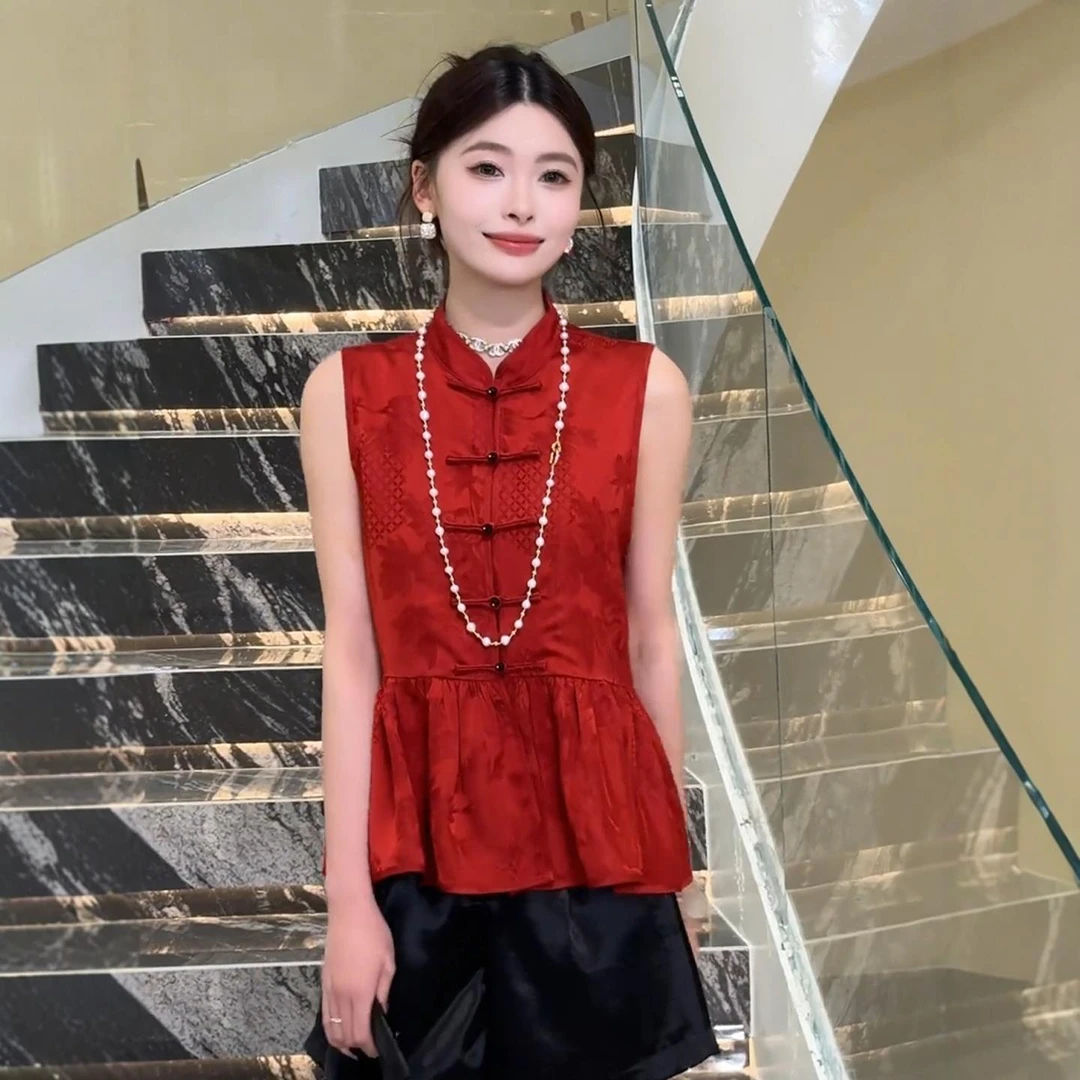 新中式复古刺绣红色设计无袖马甲女夏季新款国风盘扣收腰别致上衣