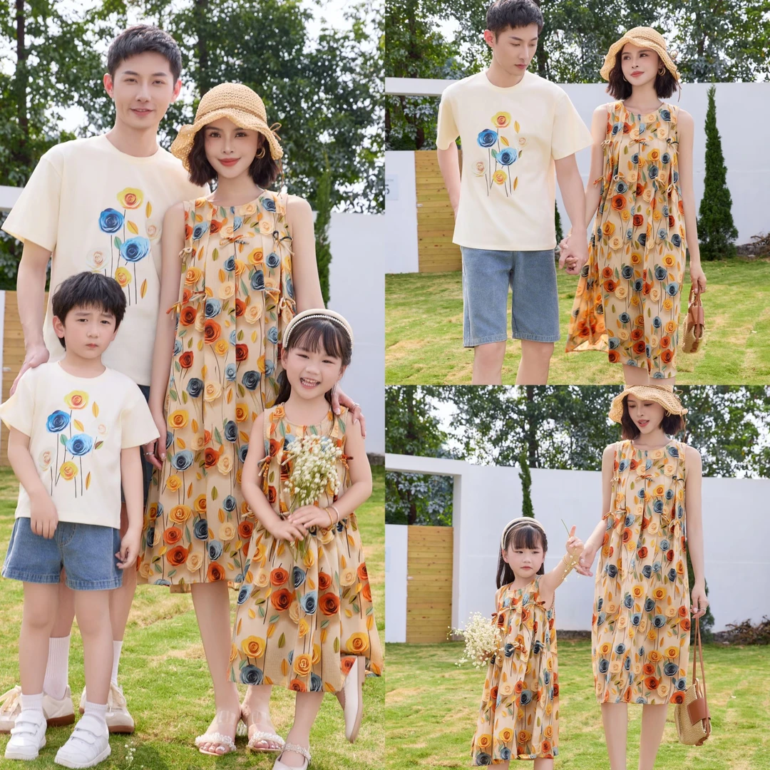 一家三口四口亲子装玫瑰花瓣连衣裙情侣款夏季海边度假裙