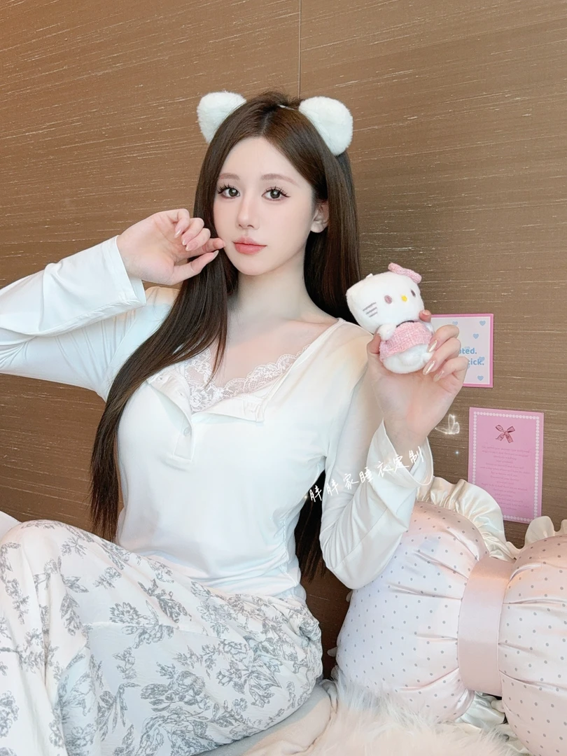 【极简巴黎】纯欲风睡衣女带胸垫秋季长袖代尔棉家居服气质可外穿