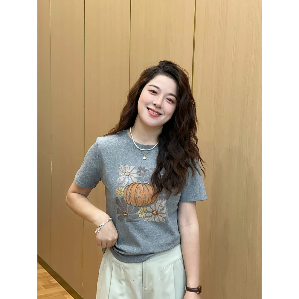 WenWen小个子2025韩系圆领南瓜印花短袖T恤显瘦百搭时尚上衣 3947