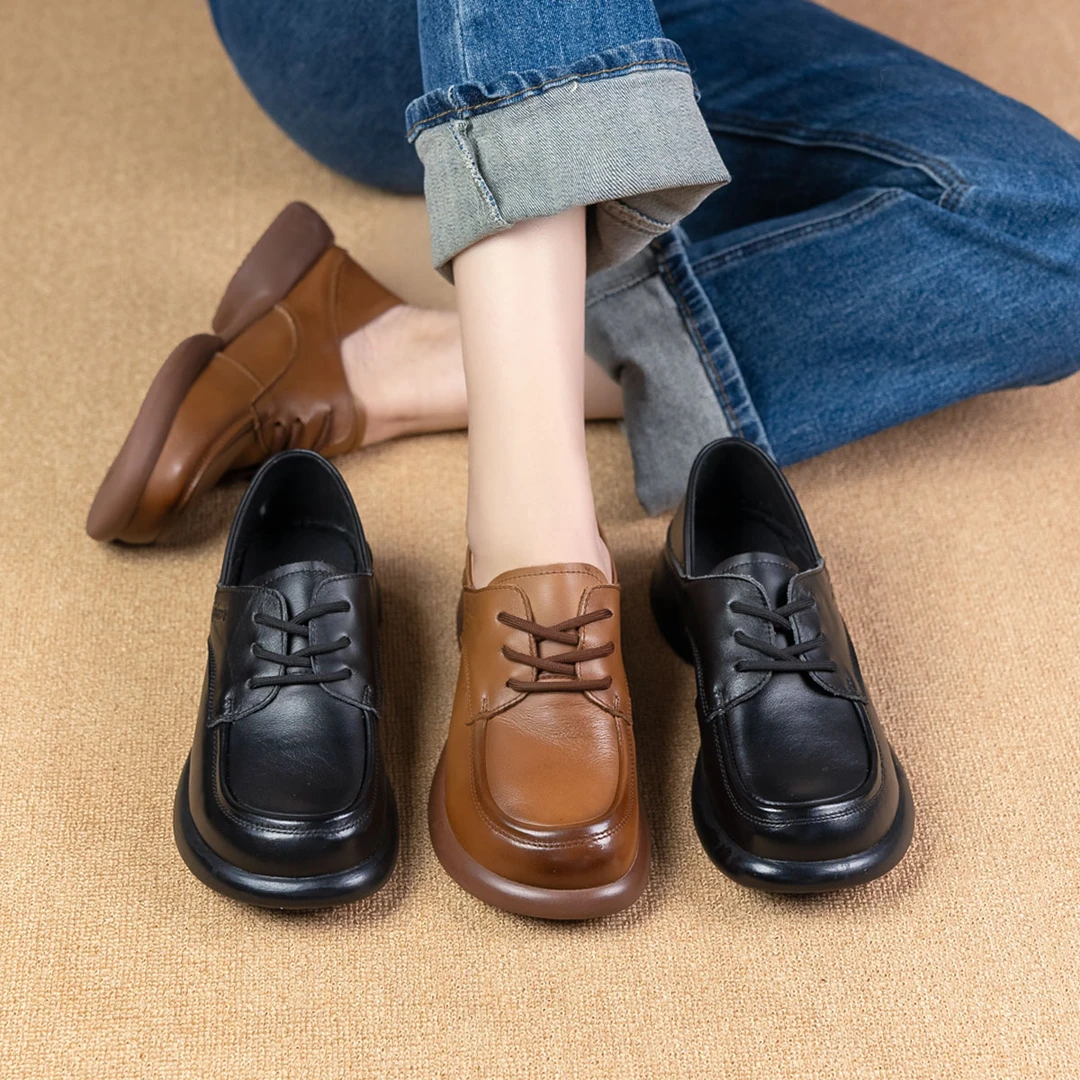 春秋新款真皮圆头复古百搭通勤女鞋软底休闲英伦风乐福鞋 6063