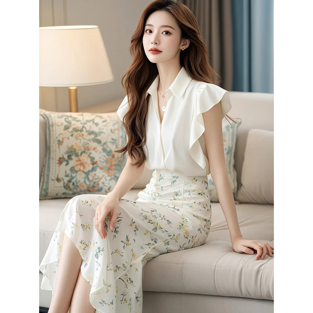 夏装搭配一整套时尚洋气减龄显瘦遮肉小香风碎花半身裙两件套装女