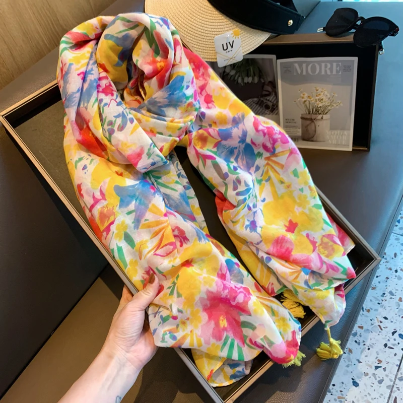 Miss Silas潮薄款春秋百搭碎花洋气沙漠披肩丝巾沙滩巾棉麻围巾女