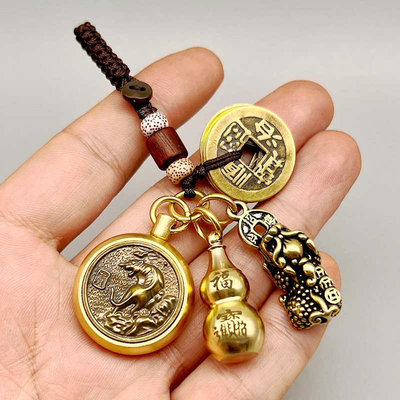 纯铜十二生肖纯黄铜貔貅钥匙扣汽车挂件转钱葫芦五帝钱吊坠链礼物
