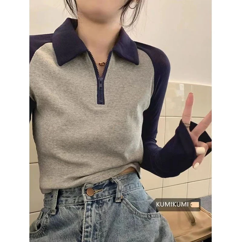 GIOIO8890#辣妹正肩长袖T恤女秋2025设计感小众修身打底衫上衣pol