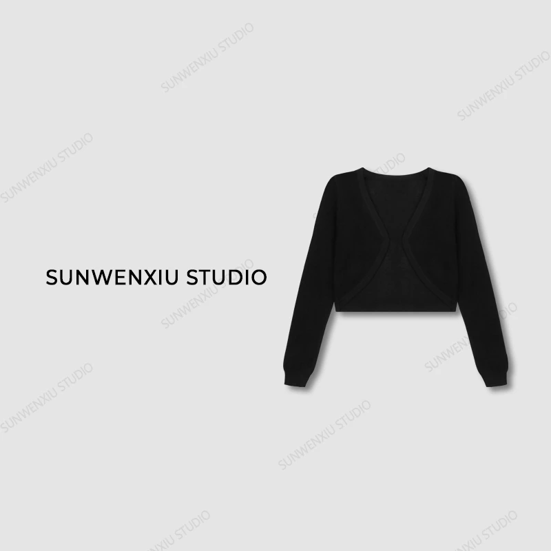 swx studio2店 精致主义气质黑色百搭披肩毛织长袖小衫