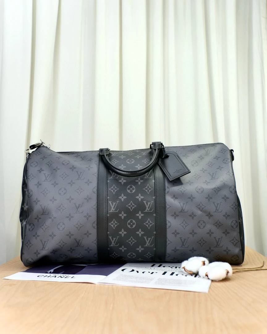 99新 LouisVuitton/路易威登 keepall50黑灰拼旅行斜挎包8973