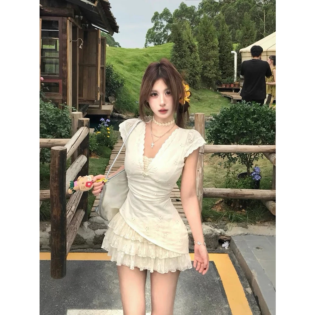 Mejiu蜜九蕾丝泡沫假两件甜美纯欲连衣裙女夏季收腰裙子蕾丝复古