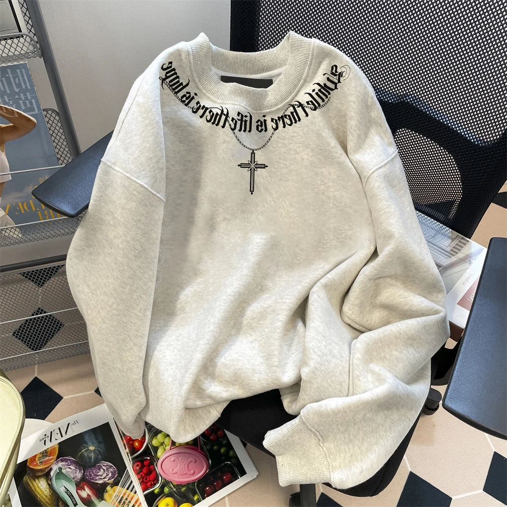 欧美复古hiphop字母十字架卫衣男女秋季高街潮牌oversize长袖上衣