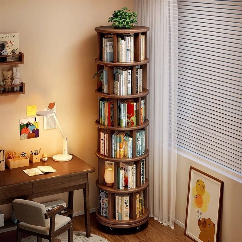 实木旋转书架360度落地移动置物架一体靠墙边小窄柜家用转角书柜