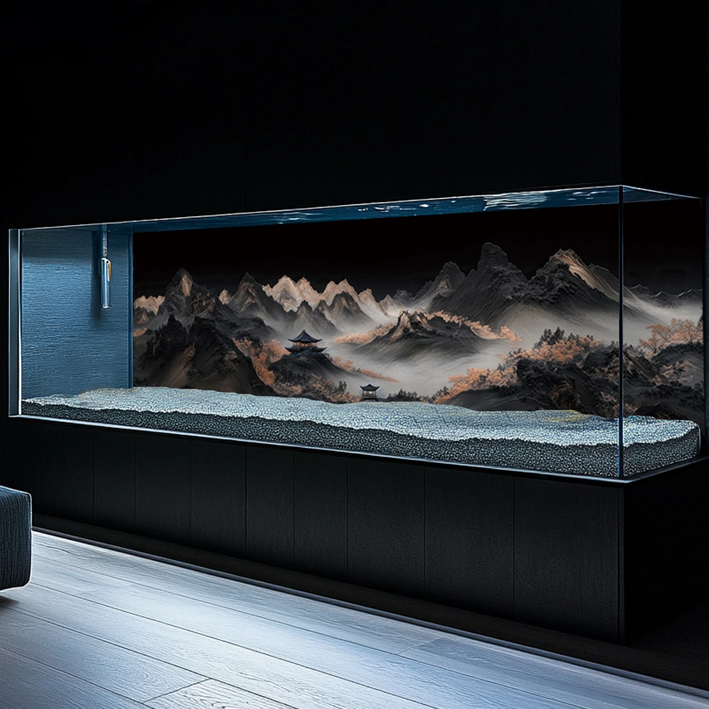 鱼缸背景贴纸3d立体高清图5d水族箱溪流缸黑色造景山峰装饰画壁纸