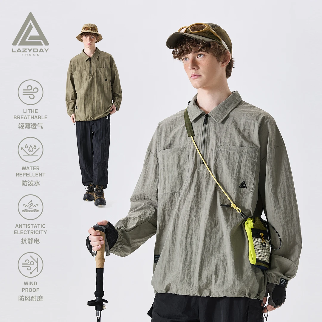 LAZY DAY户外防水耐磨速干半拉链POLO衫男士秋季宽松工装长袖T恤