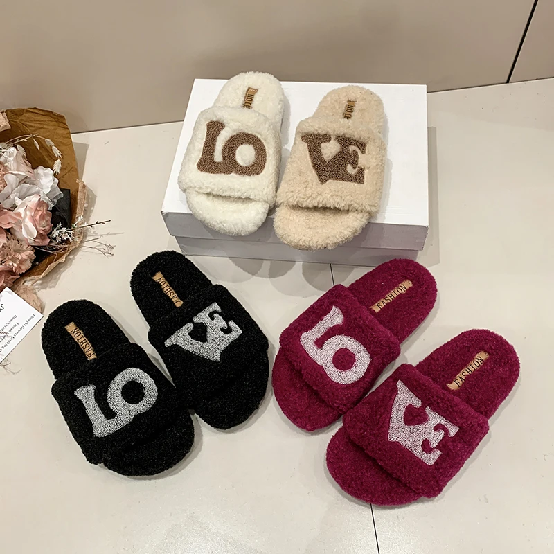 拼色厚款字母圆头一字拖拖鞋ins网红防滑外穿时尚毛绒保暖毛拖鞋