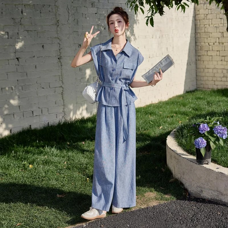 VONSRMAN25夏季新款松弛感翻领无袖衬衫高腰显瘦阔腿裤套装女夏两