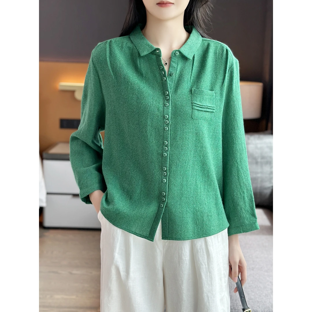 左左家 客供定织100%澳洲羊毛~人字纹提花简约气质翻领松弛感衬衫