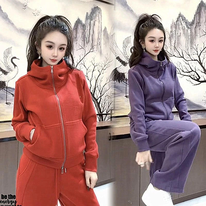 秋冬新款加绒加厚运动套装女保暖时尚连帽卫衣直筒长裤休闲两件套
