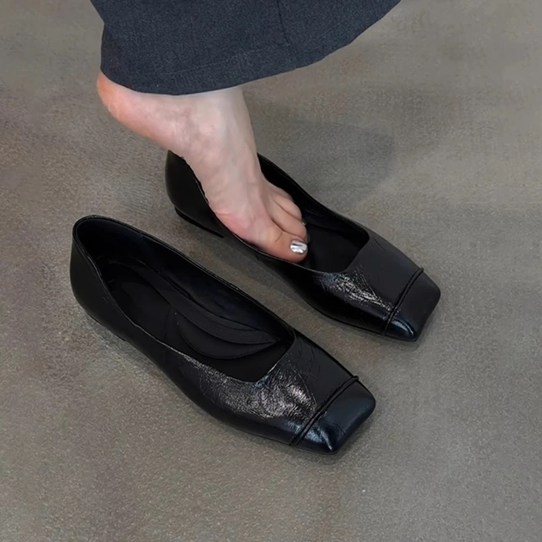 牛皮版~黑色复古显瘦真皮舒适通勤平底鞋女极简方头一脚蹬小单鞋