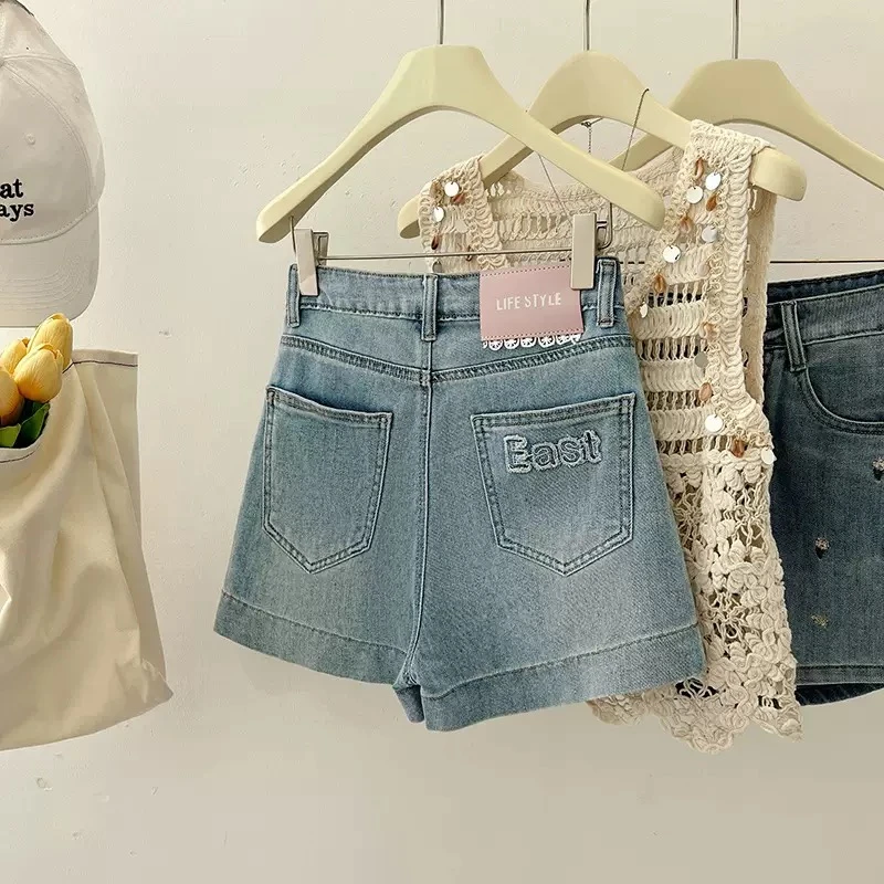 夏季法式设计感百搭高腰显瘦阔腿牛仔短裤