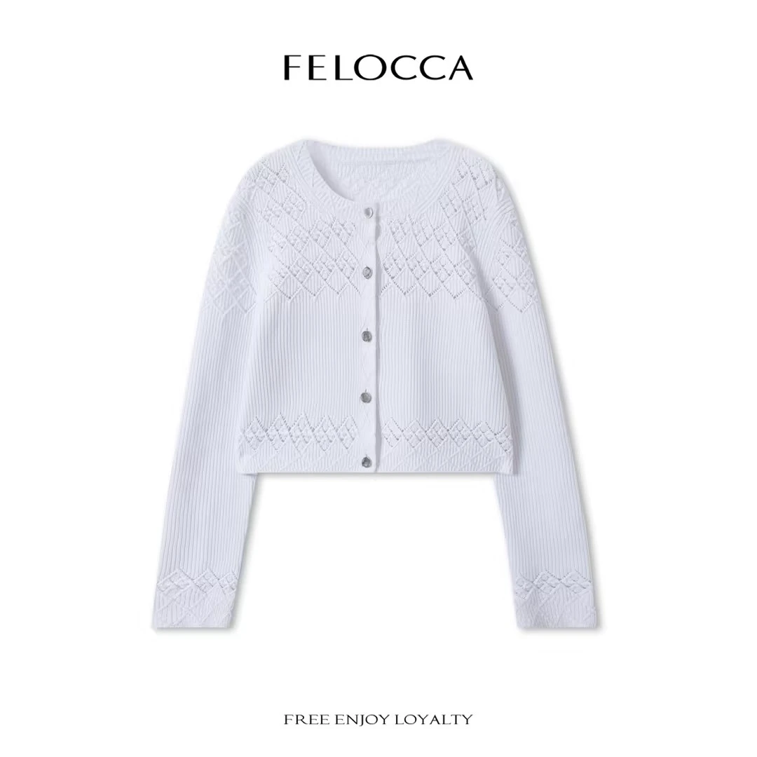 NO退NO换【FELOCCA】小香风镂空钩花菱格纹圆领针织衫外套NYN-4562