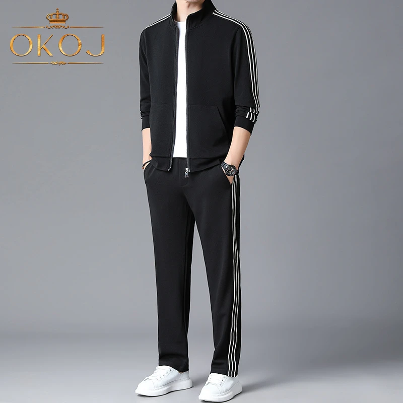 OKOJ轻奢时尚运动套装男立领开衫秋季新款透气抗皱商务休闲两件套