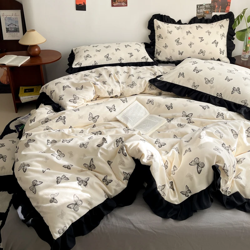 韩系赫本风黑白高级四件套A类母婴级小清新三件套ins风被套