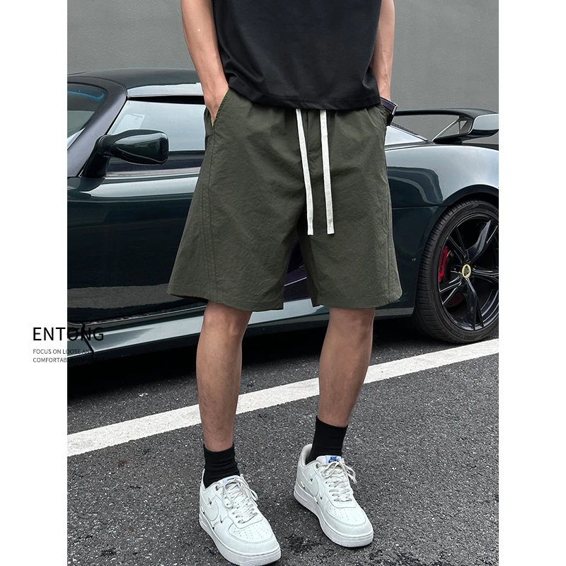 Entong美式潮牌速干松紧腰薄款五分休闲短裤宽松抽绳直筒中裤子潮