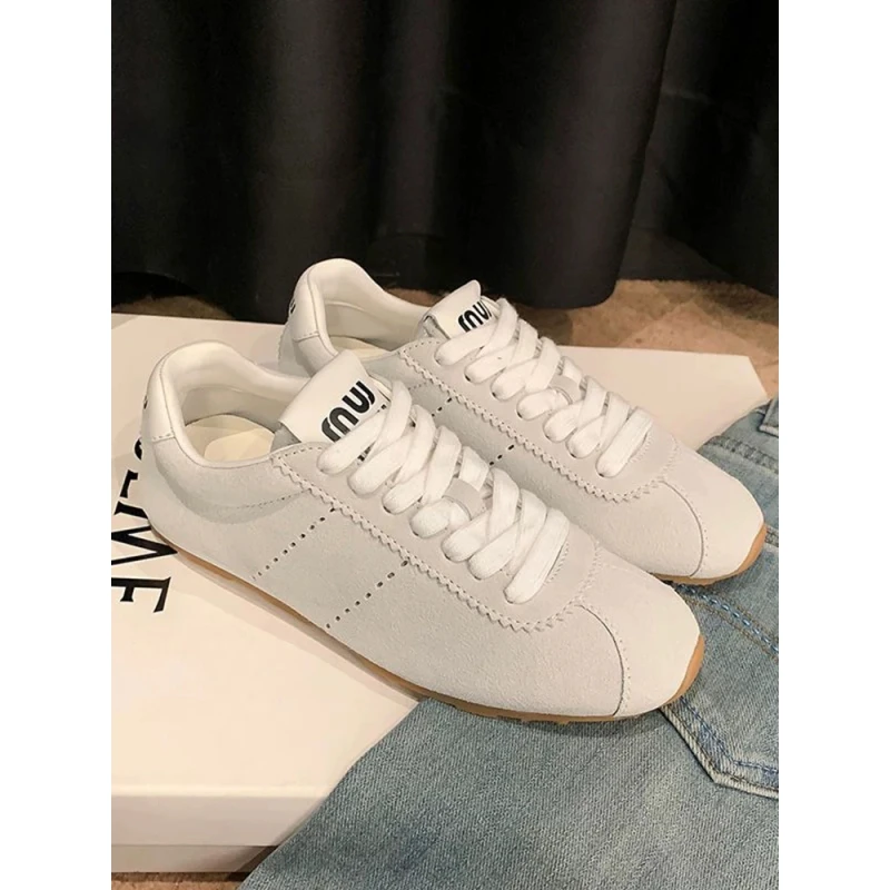 真皮平底阿甘鞋小白鞋系带女2025春季新款百搭舒适休闲运动德训鞋