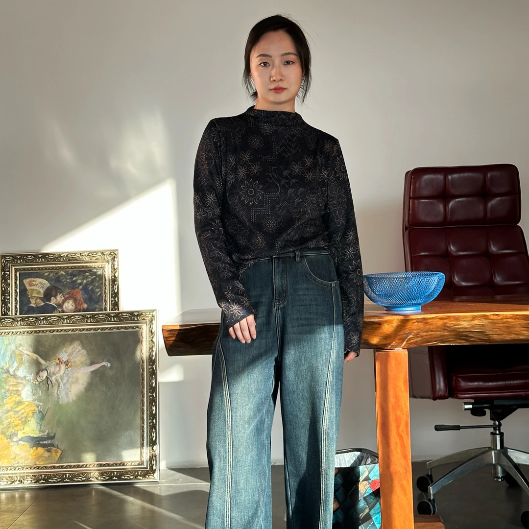 冬季长袖加厚保暖半高领时尚百搭烫钻工艺羊毛打底外穿衫