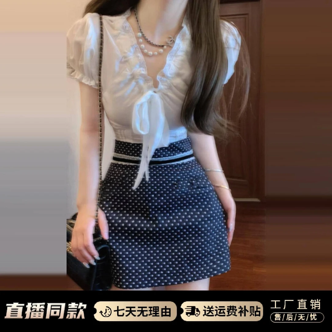 法式白色蝴蝶结上衣波点半身裙子女夏2025新款巨好看绝美韩系套装