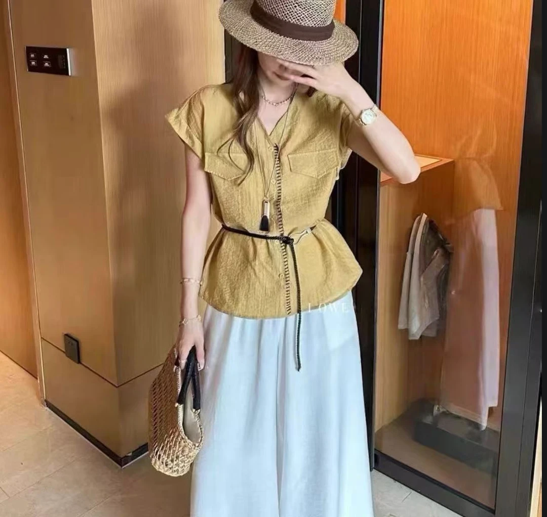 4742号610#韩系明线假口袋上衣+口袋阔腿裤休闲两件套（带里衬）