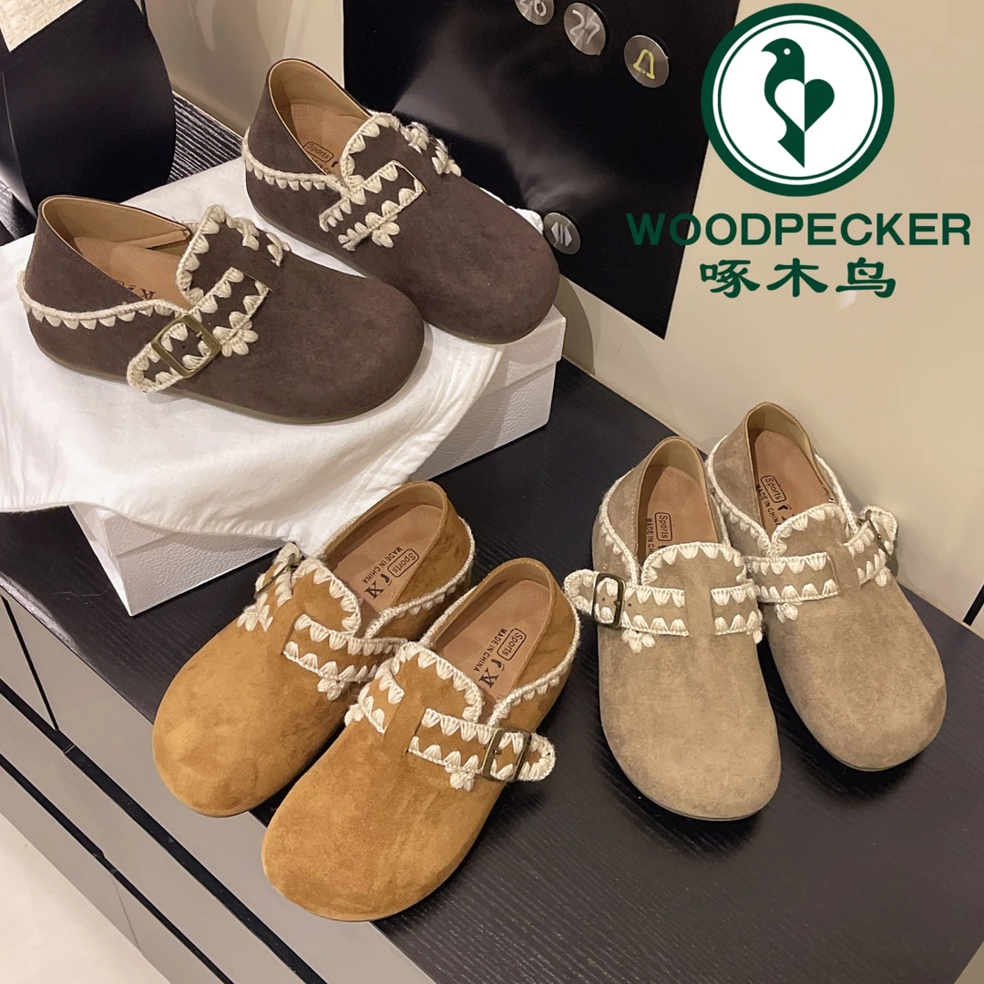 啄木鸟勃肯鞋内增高一脚蹬厚底刺绣单鞋乐福鞋软底复古百搭女鞋
