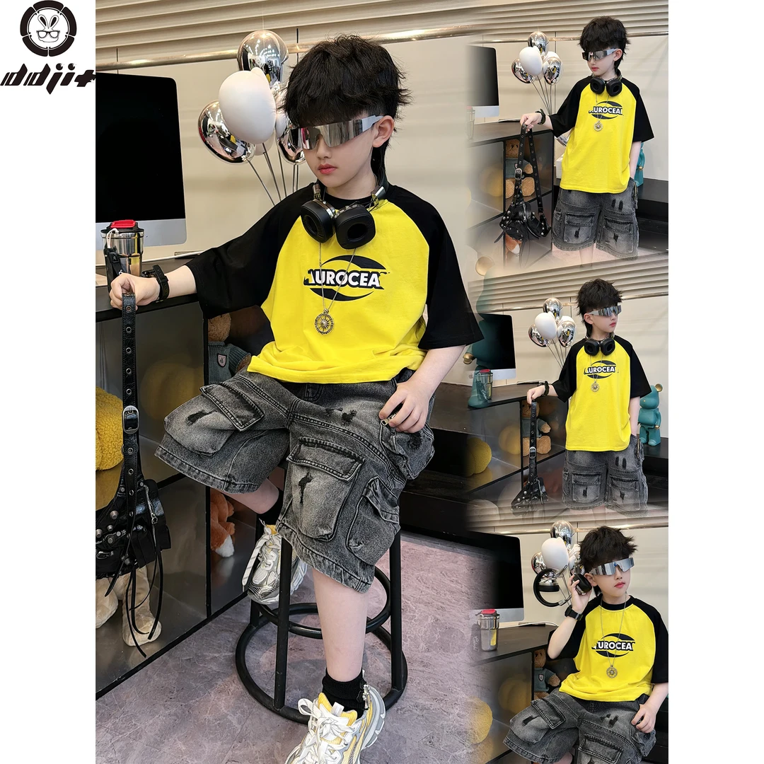 蛋蛋家【 拿坡里黄】夏款时尚街头男童黄色拼黑色插肩袖字母短袖T恤