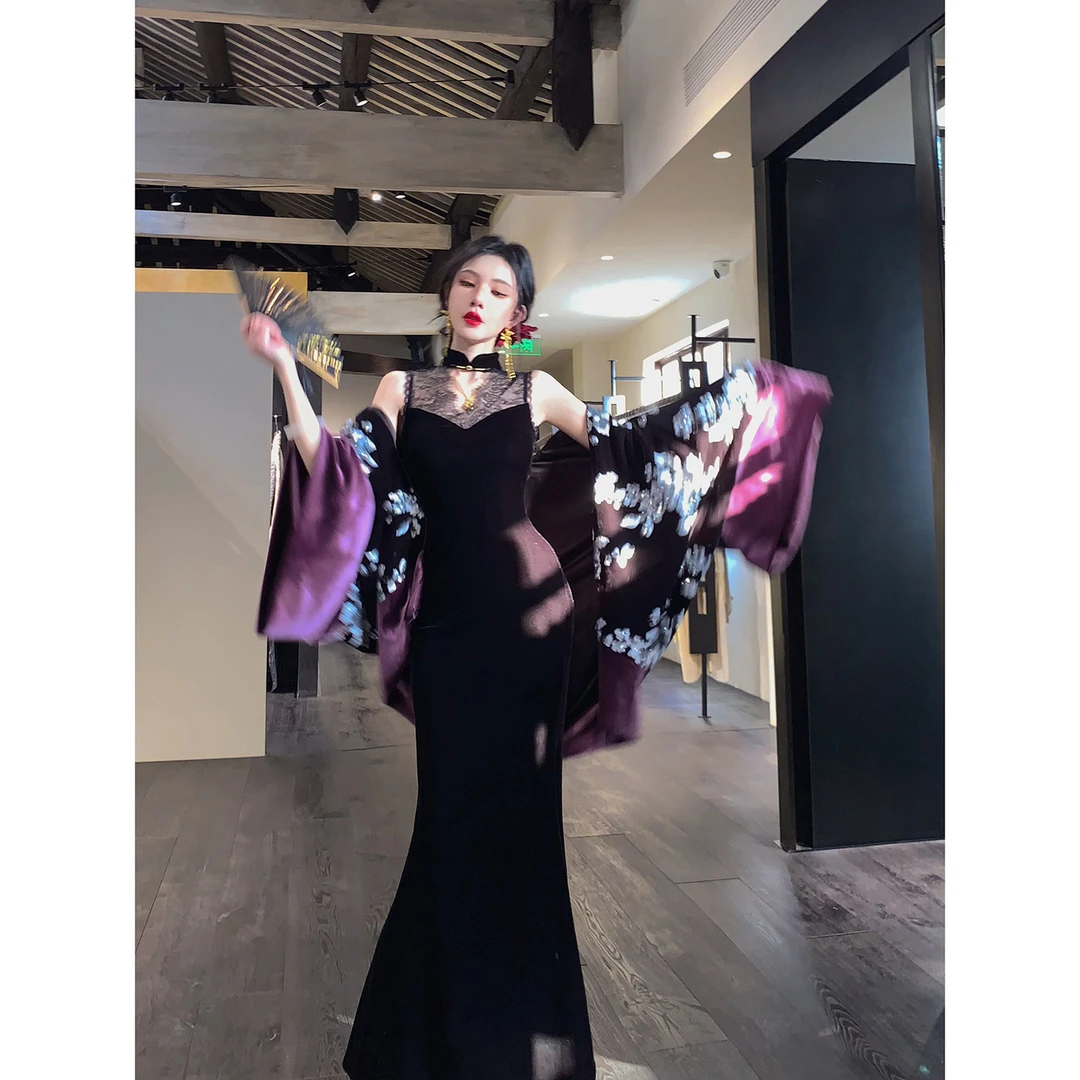 MOSS STUDIO【南风知意】国风新中式蕾丝镂空立领丝绒旗袍连衣裙