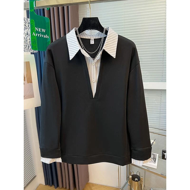 025春秋新款时尚高级感洋派 好看假两件条纹拼接宽松大尺码卫衣女