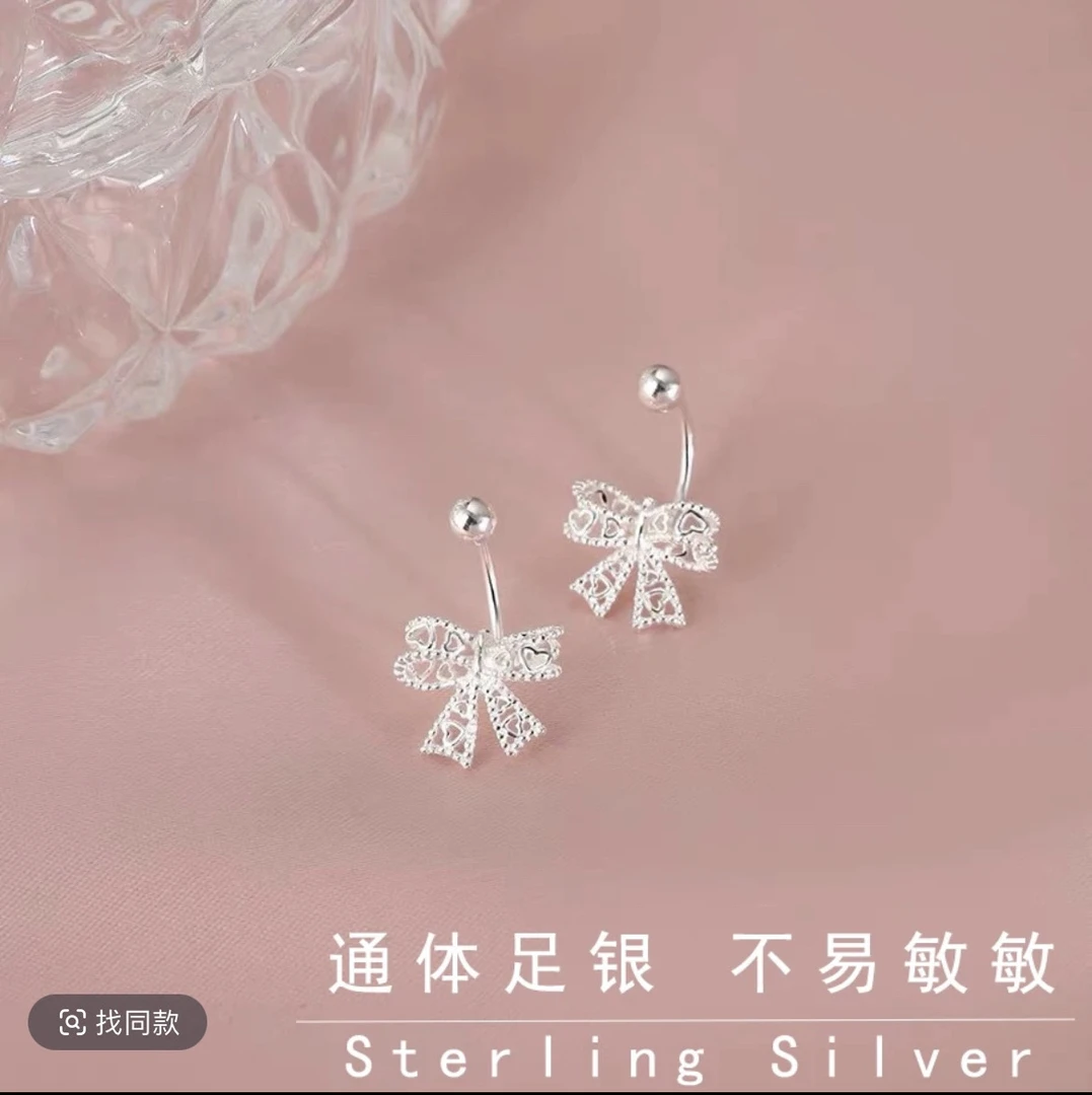 足银耳饰 足银S999足银蝴蝶结耳钉轻奢999纯银小巧百搭冷淡风耳饰