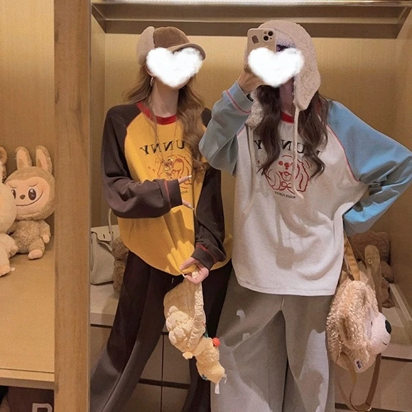 2025冬季慕莱绒撞色宽松长袖T恤女圆领上衣百搭显瘦打底衫7021