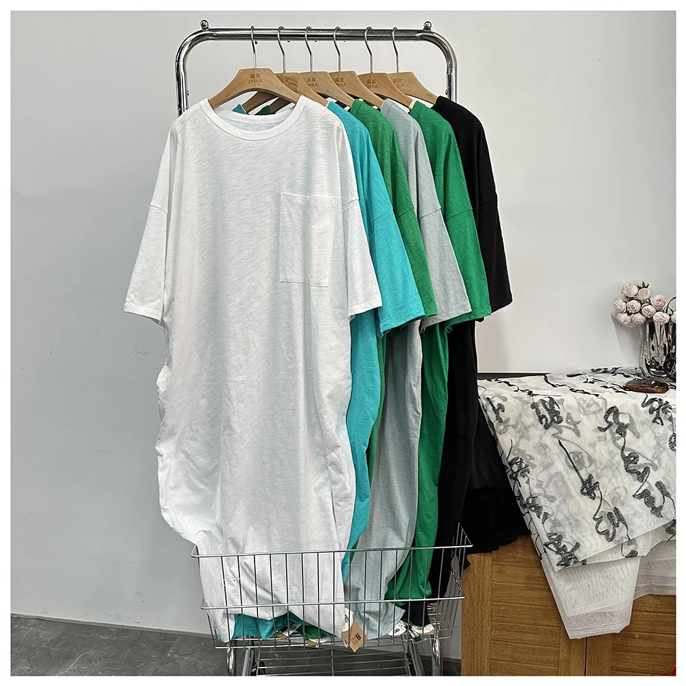 Q231夏季新款女士休闲宽松中长款纯色大口袋圆领短袖连衣裙女