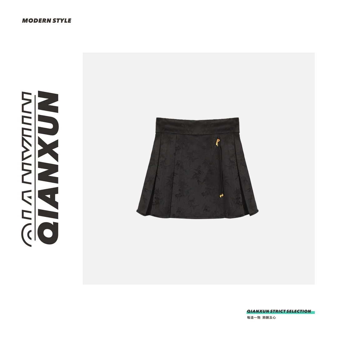 洋洋●「小盏月」印花黑色褶皱拉链半身裙C4BSQ5373A短款全新知否