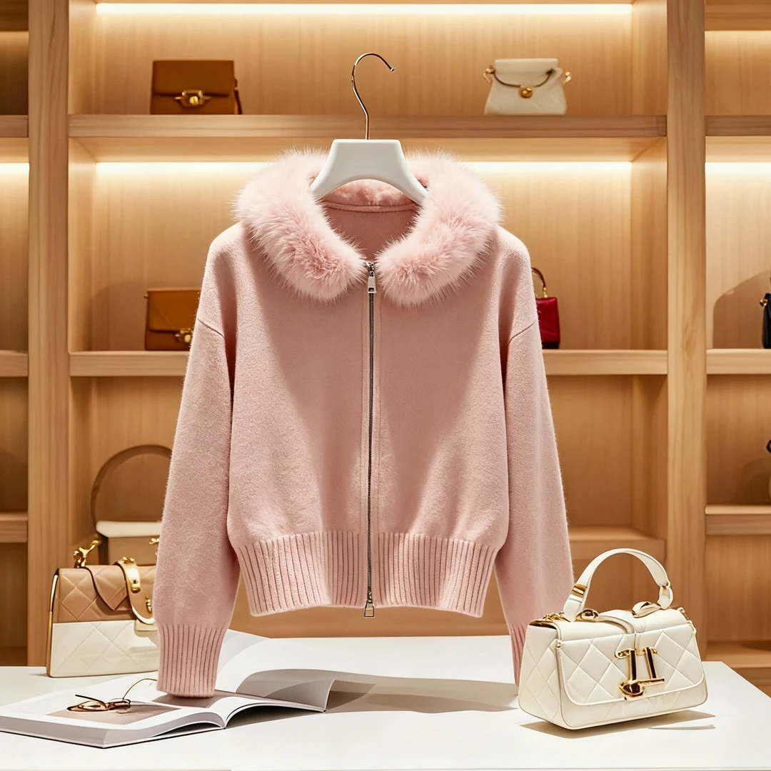 韩系小香风百搭毛衣针织衫毛领连帽短外套女纯欲风秋冬新款上衣