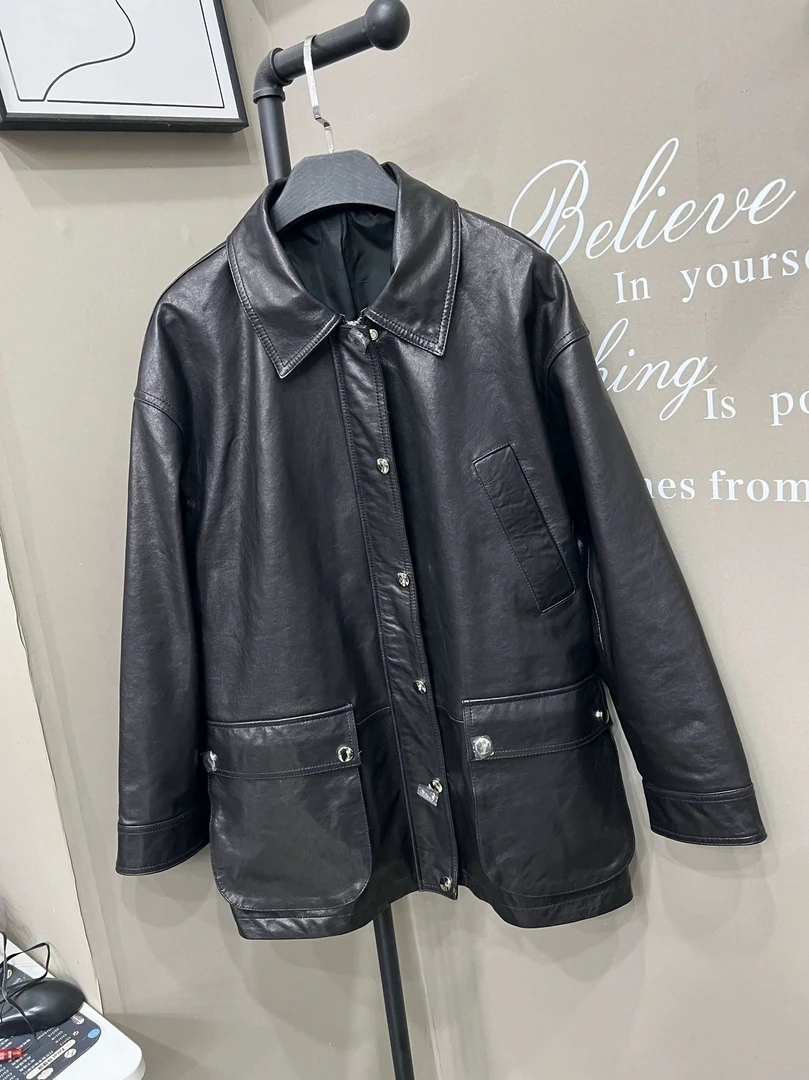 女士真皮植鞣绵羊皮中长款宽松休闲时尚洋气双大兜设计款真皮外套