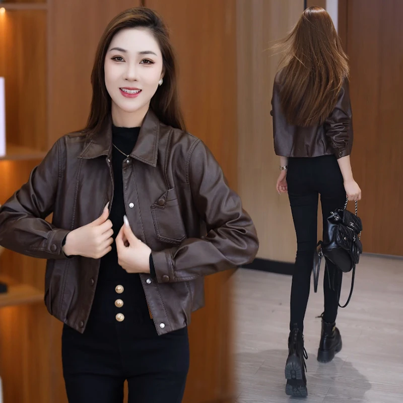 海宁正品2025皮衣短款春秋款显瘦洋气时尚休闲百搭韩版女士皮夹克