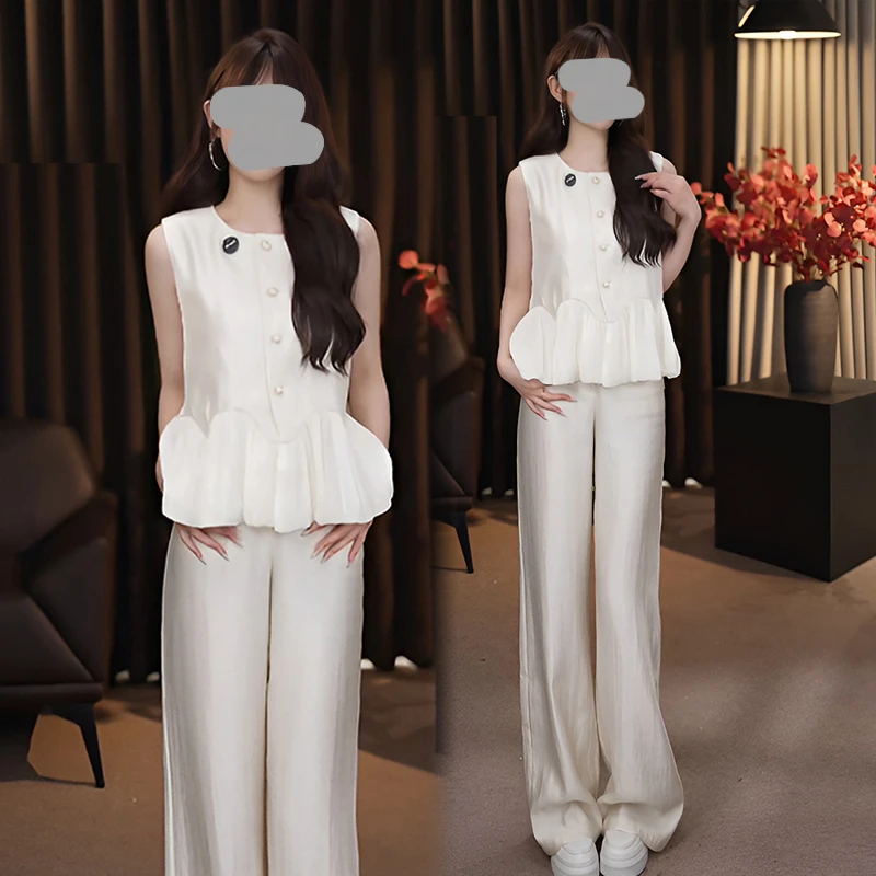 减龄穿搭一整套女2025夏季新款小众设计感收腰无袖马甲阔腿裤套装